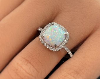 Fire Opal Halo Engagement Ring Art Deco Engagement Ring Cushion Opal Wedding Ring Fire Square Opal Engagement Promise Ring Minimalist
