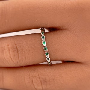 Art Deco Dainty Emerald Band, Thin Stacking Band, Micro Emerald Marquise Band Emerald Ring, Sterling Silver w/ Gold RoseGold Vermeil