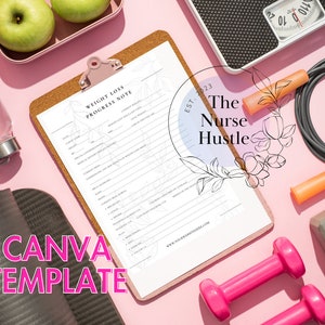 May include: A pink background with a weight loss progress note on a clipboard, a scale, a jump rope, two pink dumbbells, a water bottle, a yoga mat, and a green apple. The clipboard has the text "Weight Loss Progress Note" and "The Nurse Hustle" with a floral design.