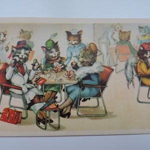 Gatti che si divertono, Signore in un ristorante, Cartolina di gatti, Cartolina divertente, Cartolina rara, Cartolina vintage disegnata, Cartolina vintage vuota degli anni '30
