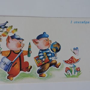 Três Porquinhos, Dia do Conhecimento, Volta às Aulas, Primeiro de Setembro, Cartão Postal Soviético, Cartão Postal Não Utilizado, Cartão Postal Dupla Face da URSS em Branco, década de 1980