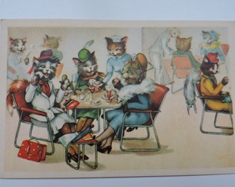 Koty w restauracji, pocztówka vintage, zabawna sztuka zwierzęca z lat 30. XX wieku
