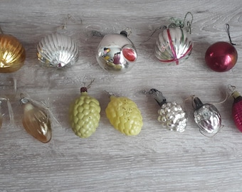 Adornos navideños vintage de vidrio de mercurio, juego de bolas variadas, década de 1940-1950
