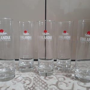 Finlandia Vodka Glasses, Vintage Vodka Glass Set, Branded Shot Glasses, Collectible Vodka Glasses, Set of 5 Drinking Glasses, Finnish Glass