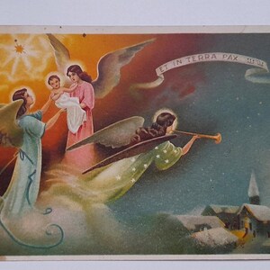 Anges, bébé, Et in Terra Pax, et paix sur la terre, anges de Noël, carte ancienne, carte postale dessinée vintage, carte de Noël vintage vierge des années 1930