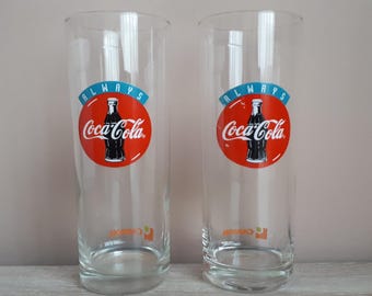 Coca-Cola “Always Coca-Cola” Vintage Glass Set of 2 – 1990s Red Logo Retro Barware