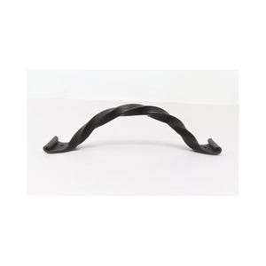 May include: Black metal twisted handle with a curved shape. The handle has a simple design and is suitable for doors, cabinets, or drawers.