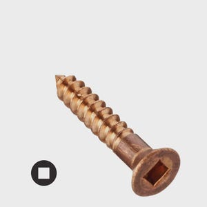 May include: A bronze-colored wood screw with a square drive head. The screw has a pointed tip and a threaded shaft. The head is flat and wide, with a square recess for a driver. The screw is designed for use in woodworking and construction projects.