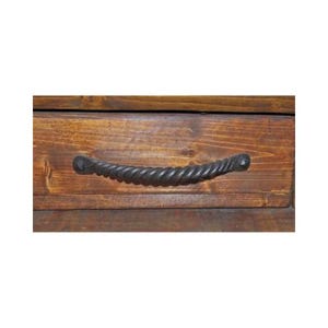 May include: A wooden drawer with a dark brown finish and a black twisted metal handle.