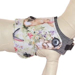 Peut inclure: Un harnais pour chien blanc avec un imprimé floral représentant des lapins et des papillons. Le harnais est doté d'une sangle réglable grise et d'une fermeture à bouton. Le harnais est présenté sur un mannequin blanc. Un tableau des tailles est inclus avec les mesures du cou et de la poitrine en pouces et le poids en livres.