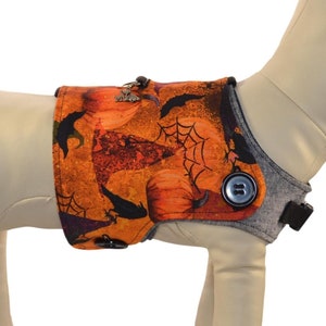May include: A dog vest with a Halloween-themed print featuring pumpkins, bats, and a spiderweb. The vest is orange, black, and gray. The vest is shown on a mannequin. A size chart is included in the image. The chart shows the neck, chest, and weight measurements for different sizes of dog vests. The text on the chart reads "Pawzly Harness Fitting Chart".