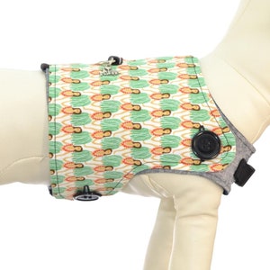 May include: A green, orange, and white patterned dog vest with a gray harness underneath. The vest has a button closure and is worn on a white mannequin dog.