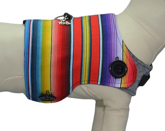 Mexican Poncho Serape Dog Harness Vest * Colorful Dog Bones for Señor, Señora & Señorita * PAWZLY Interchangeable Reversible Pet Dog Cover