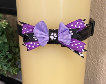 Small Lavender Bow Attachment for Pet Collars & Harnesses * Lavender, Purple, White, Black Ribbon w/ Paw Print * Slip on or Attach by Pin