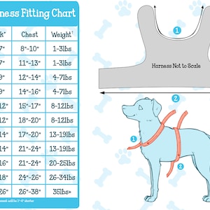 Puede incluir: Un gr&aacute;fico que muestra la gu&iacute;a de ajuste del arn&eacute;s Pawzly para perros. El gr&aacute;fico incluye medidas de tama&ntilde;o, cuello, pecho y peso en pulgadas y libras. Un diagrama muestra c&oacute;mo medir a un perro para un arn&eacute;s.