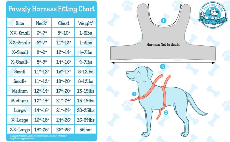 Puede incluir: Un gr&aacute;fico que muestra la gu&iacute;a de ajuste del arn&eacute;s Pawzly para perros. El gr&aacute;fico incluye medidas de tama&ntilde;o, cuello, pecho y peso en pulgadas y libras. Un diagrama muestra c&oacute;mo medir a un perro para un arn&eacute;s.