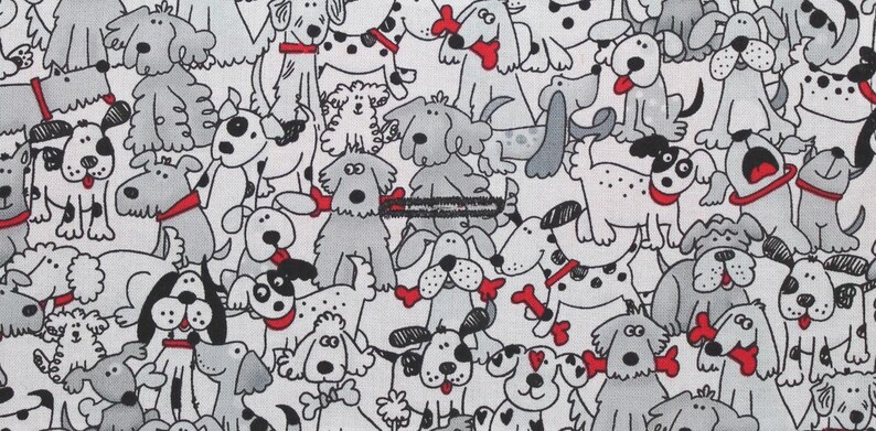 Puede incluir: Una tela blanca con un patr&oacute;n repetido de perros de dibujos animados en blanco y negro. Los perros est&aacute;n en varias poses y tienen diferentes expresiones. Algunos perros llevan collares rojos.