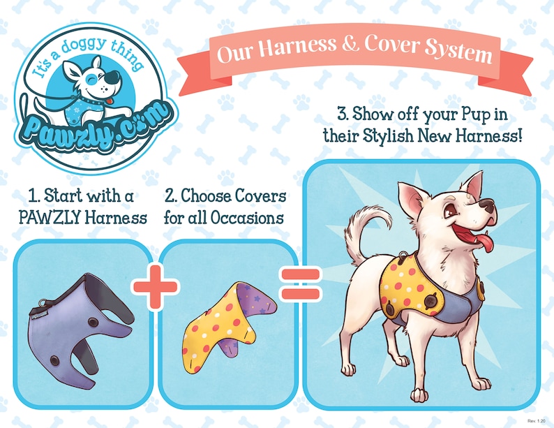 May include: A white dog wearing a blue harness with a yellow and red polka dot cover. The image shows a system for customizing dog harnesses with interchangeable covers. The text reads "It's a doggy thing Pawzly.com Our Harness & Cover System 1. Start with a PAWZLY Harness 2. Choose Covers for all Occasions + 3. Show off your Pup in their Stylish New Harness!"