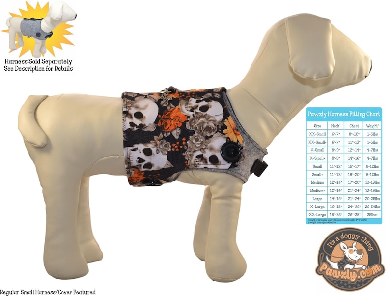 May include: A black and orange dog harness cover with a skull and floral print. The harness cover is shown on a white mannequin dog. A size chart is included with neck, chest, and weight measurements in inches and pounds.