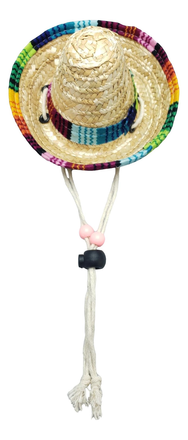 May include: A colorful straw sombrero with a chin strap and pink beads. The hat has a woven straw crown and a multi-colored band.