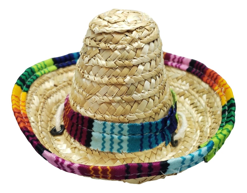 May include: A small straw sombrero with a colorful woven band. The hat is made of natural straw and has a wide brim.