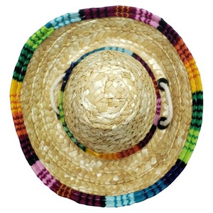 May include: A straw sombrero with a colorful woven band. The band features a variety of colors, including red, orange, yellow, green, blue, and purple.