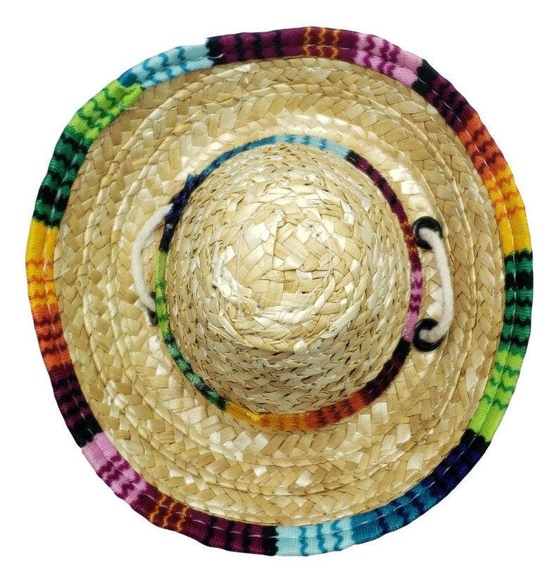 May include: A straw sombrero with a colorful woven band. The band features a variety of colors, including red, orange, yellow, green, blue, and purple.
