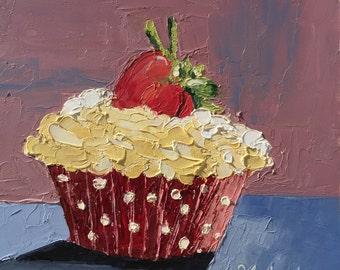 Original oil painting, palette knife, cupcake on 6"x6" gessobord.