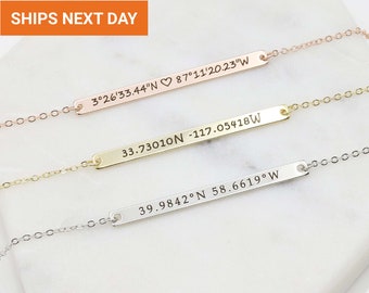 Slim Custom Coordinate Necklace, Coordinate Bar Necklace, Long Distance Gift, Graduation Gift, Bridesmaid Gifts.FN-103