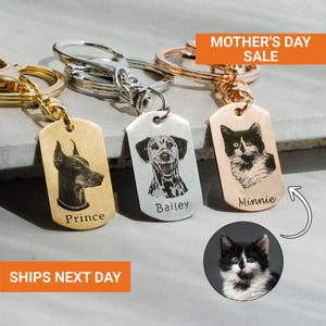 May include: Three personalized pet ID tag keychains. One gold-colored tag features a dog portrait and the name "Prince". A silver tag has a Dalmatian portrait and the name "Bailey". A rose gold tag shows a cat portrait and the name "Minnie".