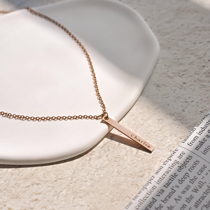 Personalized Family Name Necklace, Vertical Bar Necklace, Kids Name Jewelry, Engraved Mom Gift, Mothers Day Gift for Her, FN-22 image 4