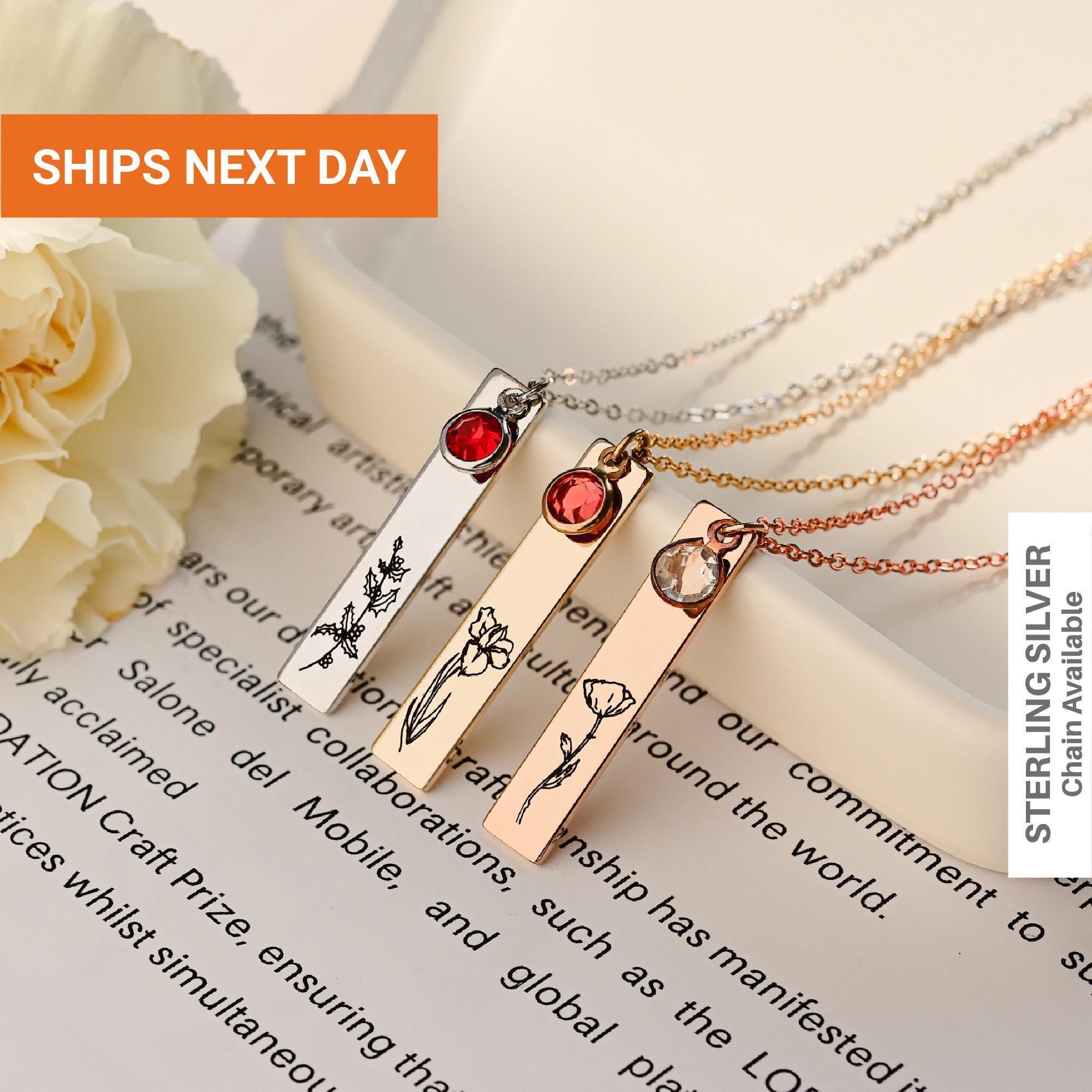 Engraved Birth Month Flower Necklace Sterling Silver, Birthstone for Mom, Birth Jewelry, FN-144