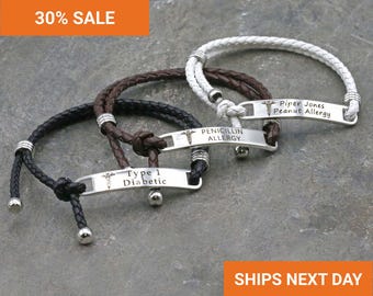 Engraved Medical Alert Bracelet for Women, Personalized Leather ID Cuff, Custom Emergency Diabetes Epilepsy Jewelry, Gift for Her, FB-51