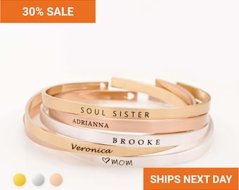 Personalized Name Cuff Bracelet, Custom Engraved Skinny Bangle, Minimalist Coordinate Bracelet, Anniversary Bridesmaid Gift for Her, FB-24