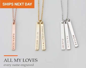 Personalized Family Name Necklace, Vertical Bar Necklace, Kids Name Jewelry, Engraved Mom Gift, Mothers Day Gift for Her, FN-22