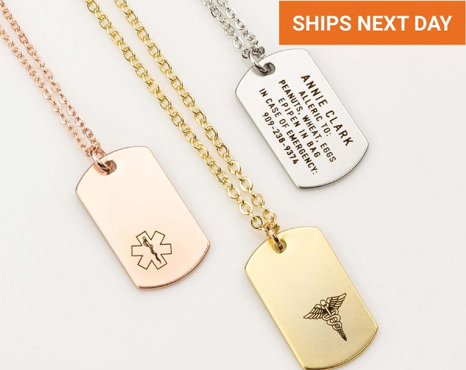 Personalized Medical Necklace 4 Sided Bar Medical Alert Necklace