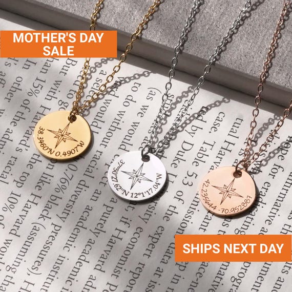 Custom Compass Necklace Sterling Silver, Custom Coordinate Necklace, Graduation Necklace Gifts for Her, Best Friend Necklace, FN-40