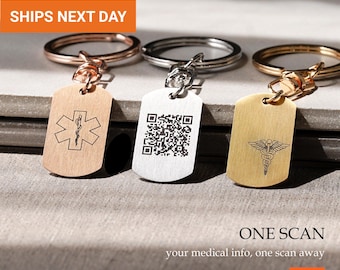 QR Code Medical Alert Keychain, Scannable Medical ID Dog Tag for Men Women, Waterproof Emergency Info Keyring, Diabetic Autism Gift, FKC-36