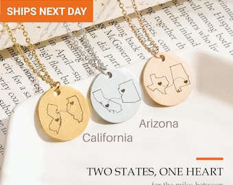 Personalized Two State Necklace, Long Distance Relationship Couples Gift, Waterproof State Map Jewelry, Two Home Gift for Her, FN-182