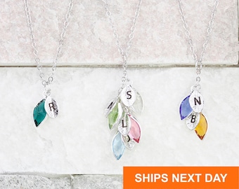 Family Tree Birthstone Necklace: Personalized Initial Leaf, Grandma Gift