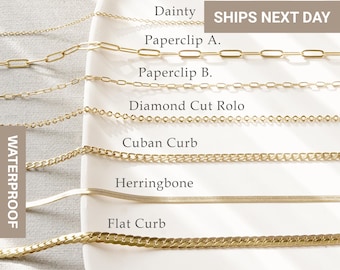 18K Gold Custom Layered Necklace Chains, Cuban Curb, Paperclip Chain, Diamond Cut Rolo Chain, Herringbone, Dainty Chain for Kids, Clip,FC-01