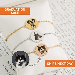 May include: Three personalized pet photo bracelets with gold, silver, and rose gold chains. Each bracelet features a circular pendant with a pet's engraved portrait and name. The image includes the text "GRADUATION SALE" and "SHIPS NEXT DAY".