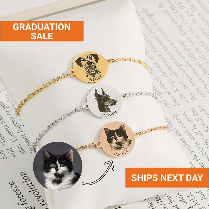 May include: Three personalized pet photo bracelets with gold, silver, and rose gold chains. Each bracelet features a circular pendant with a pet's engraved portrait and name. The image includes the text "GRADUATION SALE" and "SHIPS NEXT DAY".