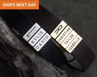 Unique Custom Name Leather Bracelet for Men, Family Name Bracelet For Husband, Boyfriend Bracelet, Dad Bracelet, FB-34