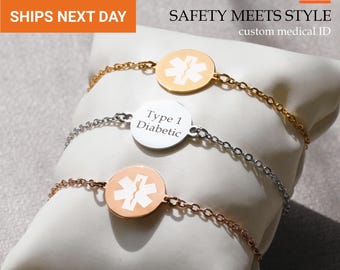 Personalized Medical Alert Bracelet Women Kids, Engraved Medical ID Bracelet, Waterproof Hypoallergenic, Diabetic Allergy Gift, FB-67