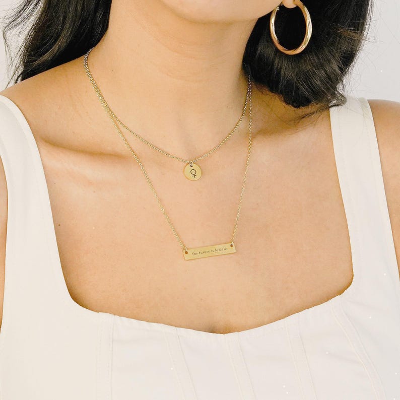 Personalized Feminist Necklace, Layered Women Empowerment Necklace Set, Female Empowerment Jewelry, Engraved Feminist Gift for Her, FN-65 image 2