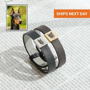 Stunning Custom Pet Portrait Leather Bracelet, Valentine Gift, Custom Pet Gift For Him, Dog Portrait Bracelet for Men, FB-56