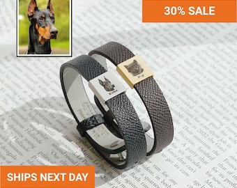 Custom Pet Portrait Leather Bracelet, Valentine Gift, Custom Pet Gift For Him, Dog Portrait Bracelet for Men, FB-56