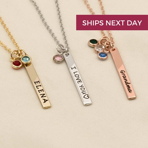 Engraved Birthstone Necklace Mom 