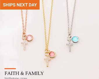 Super Dainty Cross Birthstone Necklace Sterling Silver, Personalized Christian Necklace, Baptism Communion Gift for Her, FN-118